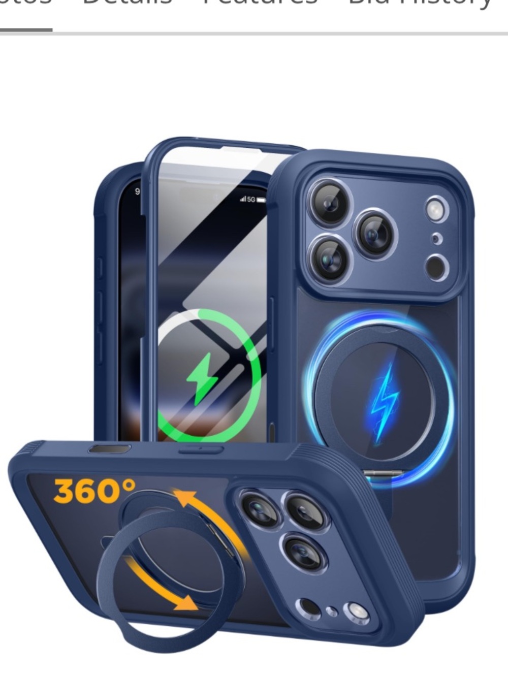 iPhone 17 Pro Case with 360 Magnetic Stand Full-Body Phone Case - NAVY BLUE